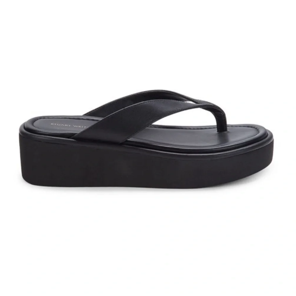 NEW Stuart Weitzman Contempo Thong Platform Flat Black Leather Sandal Sz 7 B - Picture 2 of 9
